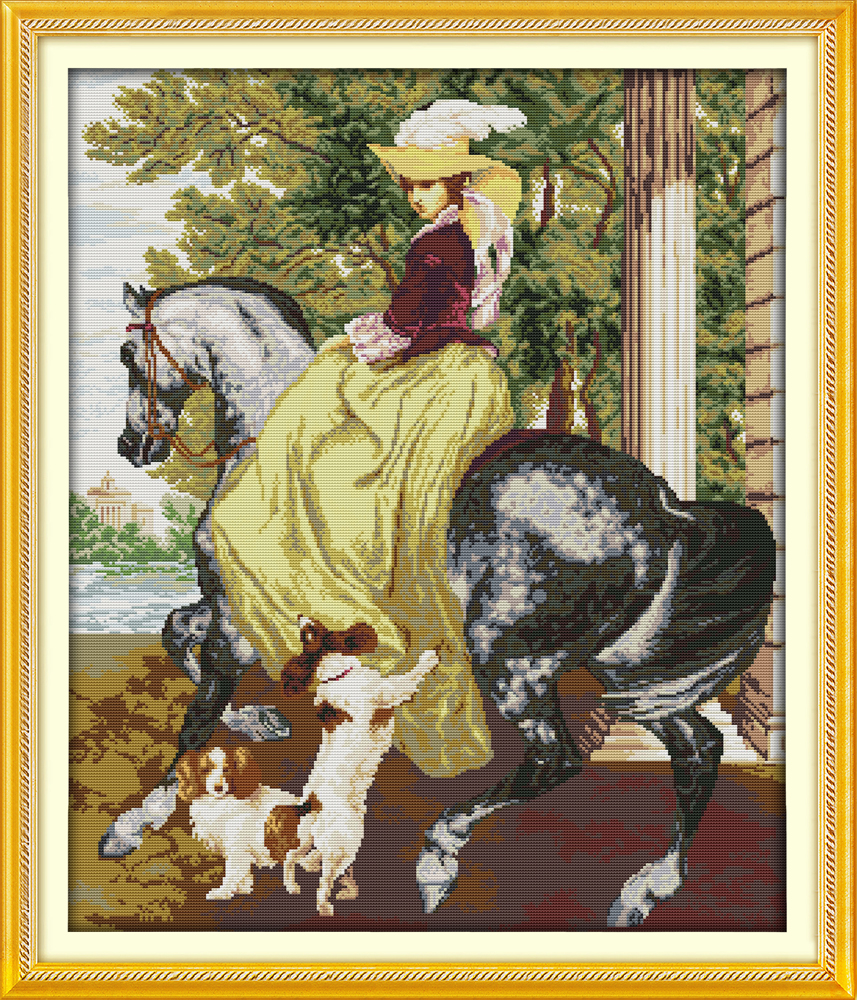 Дама во коњот девојка куче сликарство се сметаат за печатење на платно DMC 11CT 14CT Кинески Крстот Бод колекции embroider