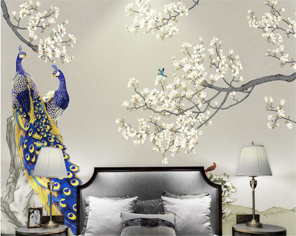 Обичај Современ Дом Позадина 3D Позадина Magnolia Паун Птици Фото ѕид mural позадина de papel parede tapety beibehang