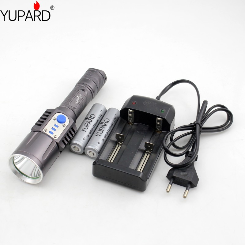 YUPARD XM-L2 T6 LED Светилка Факел светилка USB Интелигентни светло мобилни моќ банка +2* 2200mAh Батерија 18650+Полнач