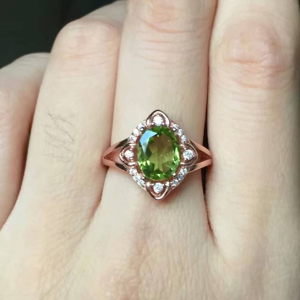 Природни зелени peridot гем прстен Природни olivine прстен S925 фунта сребрен прстен Деликатна трендовски Шупливи жените