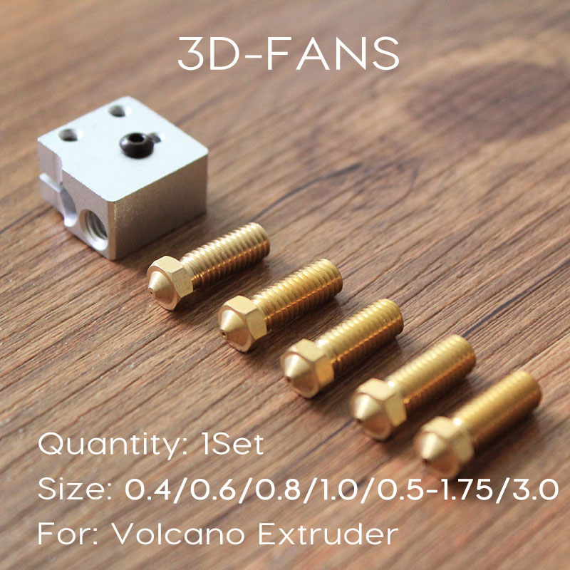 1Set Нов Вулкан Блок и Млазницата 3D печатач Сите метални месинг E3D Продолжување екструдер млазницата 0.4/0.6/0.8/1.0/1.2