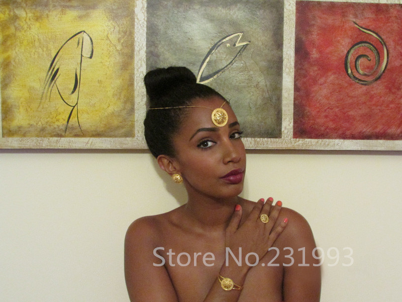 Ethlyn мода жените булчински Етиопската накит сетови Златна Боја Habesha Накит свадба Пет КОМПЈУТЕРИ се поставува за