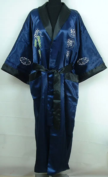 Реверзибилна Сина Црна Машко Свила Rayon Sleepwear Везови Змеј Кинески Стил за Мажи Облека Кимоно Gown Една Големина MR096