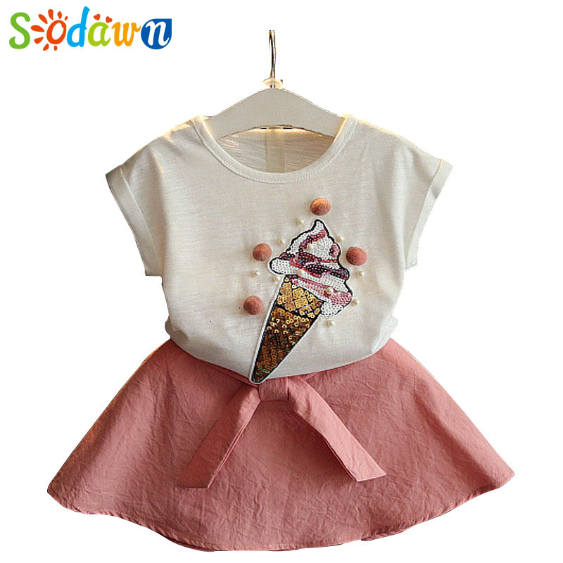 Sodawn Лето Девојки Cltohing Поставите Цртан Филм Ice Cream Шема Дизајн Маици+Симпатична Фустан Одговараат На Бебето