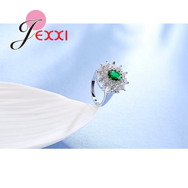 JEXXI Креативни Јасно Кристал Цвет Форма Зелена Кристал Нерѓосувачки 925 Печат Сребрени Прстени Мода Жените Свадба Накит