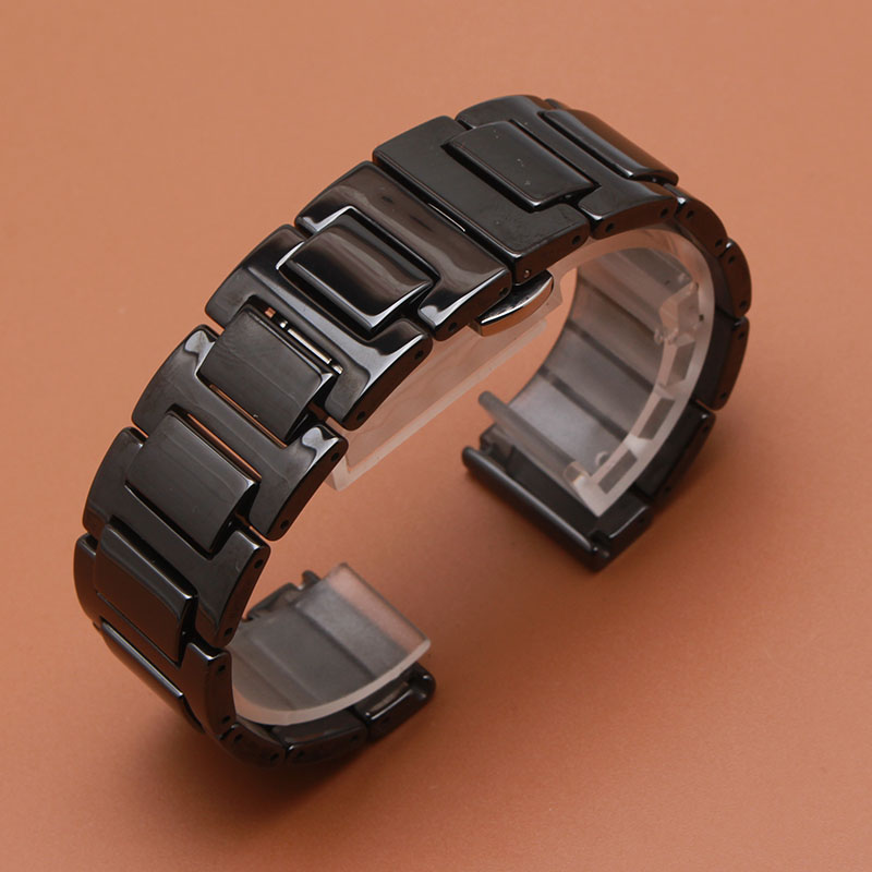 Црна Watchband Полиран Убава Керамички Види рака хривнија 14mm 16mm 18mm 20mm Со пеперутка тока распоредување замена