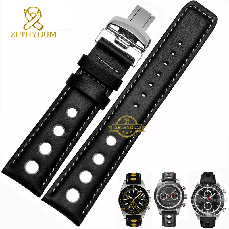 Вистинска кожа хривнија watchband спорт види рака 20mm mens рачни часовници кожа бенд ремени wristband црна портокал