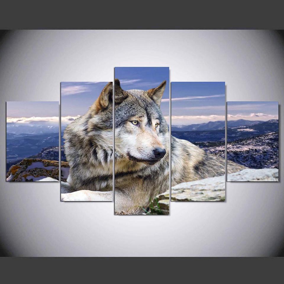 Платно HD Печати Сликарство Модуларен Слики 5 Панел Животинско Волкот Рамка Ѕид Уметнички дела Постер Современ Дом Дневна