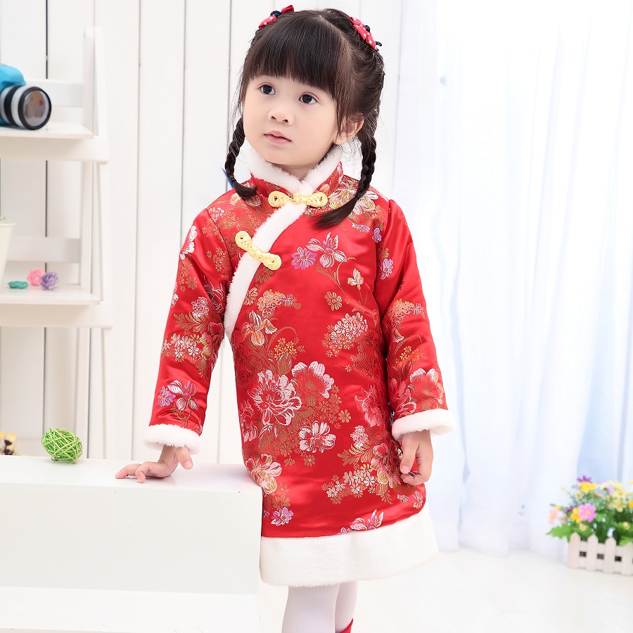 Кинески Пролетниот Фестивал Бебе Девојки се Облекуваат Палто Дебели Quilted Зима Девојка Облека Хи-pao Фустани Деца Cheongsam