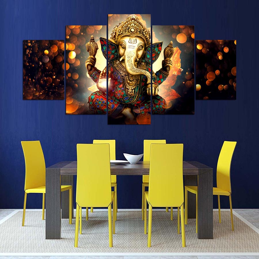 Платно Сликарство Ѕид Уметност Дома Декор Рамка 5 Парчиња Ganesh Слон Багажникот Бога За Дневна Соба Модерна HD Печатени Пејзаж Слика