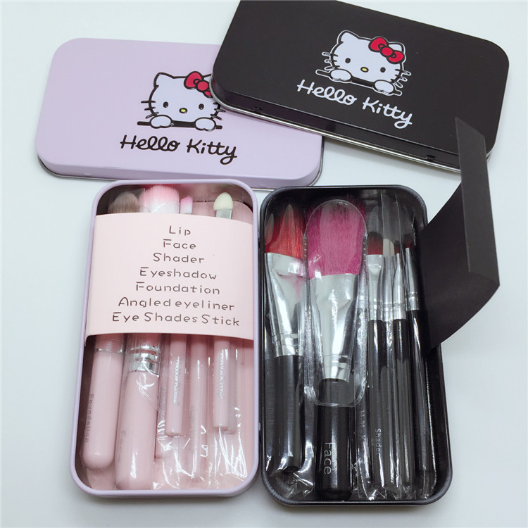 Нови Hello Kitty 7Pcs Шминка Четки Поставите Прав Четки Козметика Комплет Де Pinceis Де Maquiagem Сочинуваат Четка за Полнење со Метална Кутија