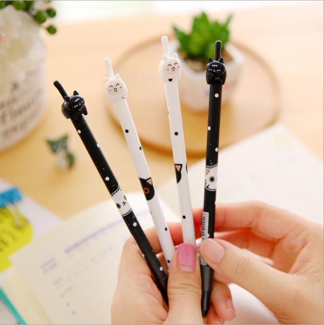 48pcs/многу Kawaii 3D Опашка црна и бела Мачка дизајн гел пенкало 0.38 мм Црно мастило DIY пенкало канцеларија канцелариски