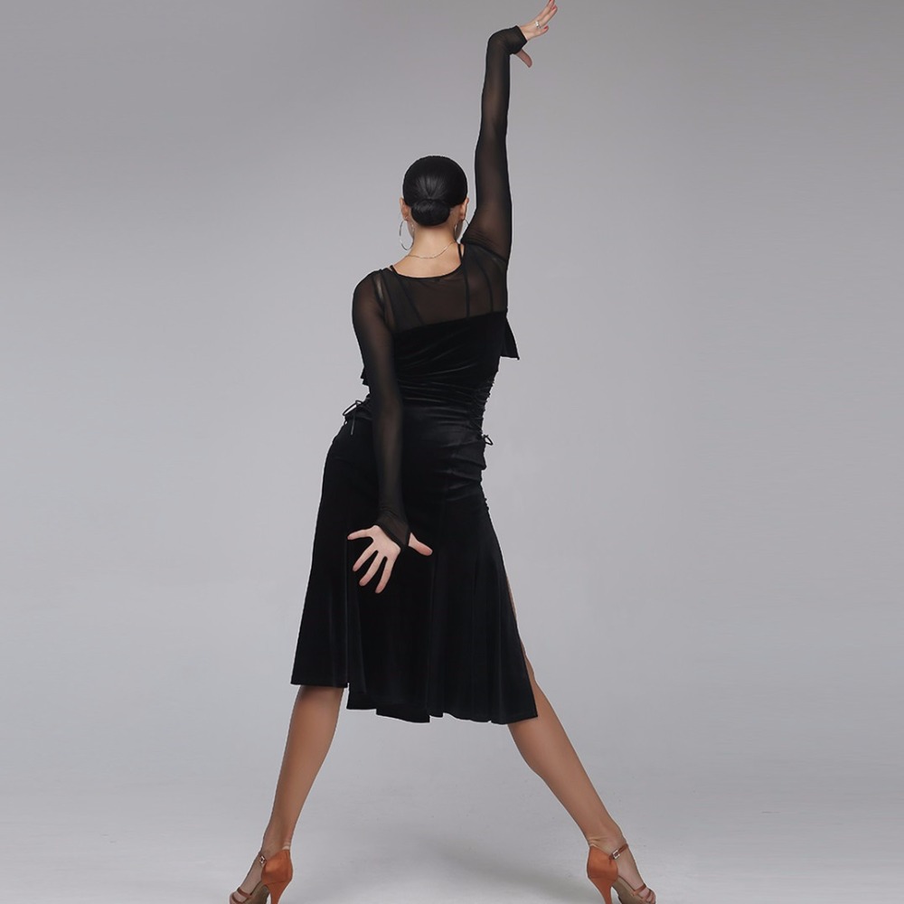 2017 црни долги ракави, сомот латинска танц облечи жена румба самба секси костим конкуренција фустани