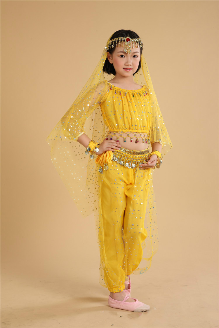 6 КОМПЈУТЕРИ (Врвот +Панталони + Половината Синџир+Headwear+Превез+Белегзија ) Дете Стомак Танц Костим Девојки Индискиот