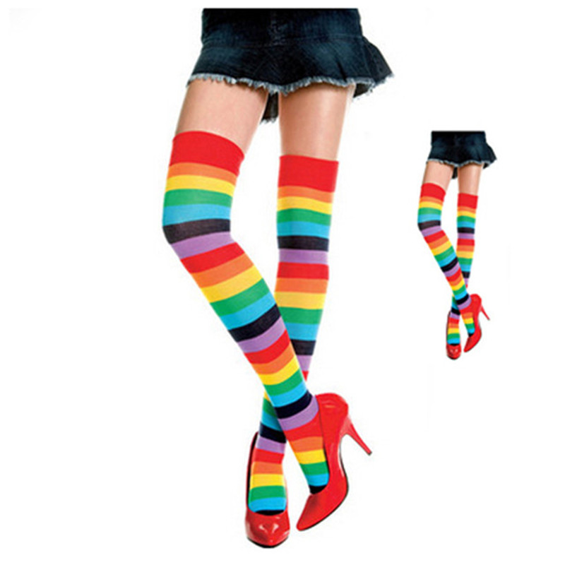 Секси Жените FashionRainbow Шарени чорапи Бедрото Високи Свила Чорапи Долго meia порибување во Текот На Коленото, Чорапи