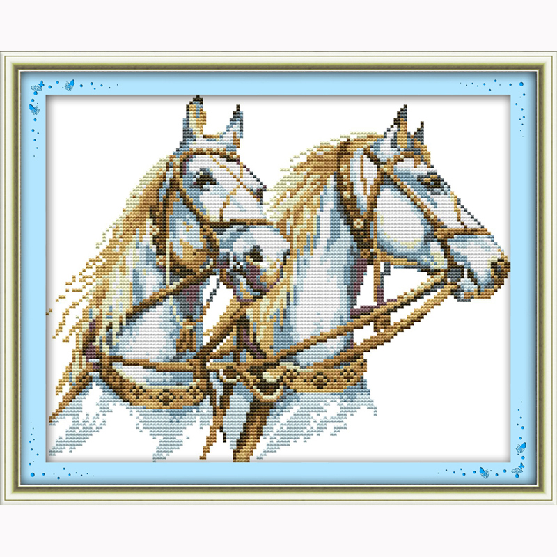 Два коњи Смета Крстот Бод Колекции За Везови DIY Везана 14CT DMC Крстот Бод Модели Занаети животински модели на цртан