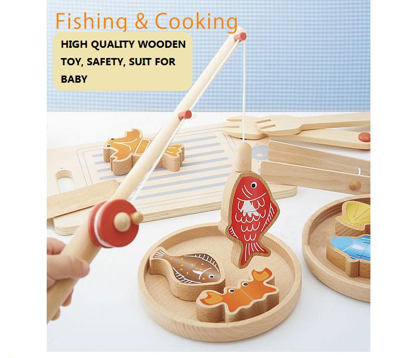 Висок квалитет на Дрвени Комплетен Сет На мојот симпатична малку риболов и готвење Играчка за Ран детски едукативни играчки