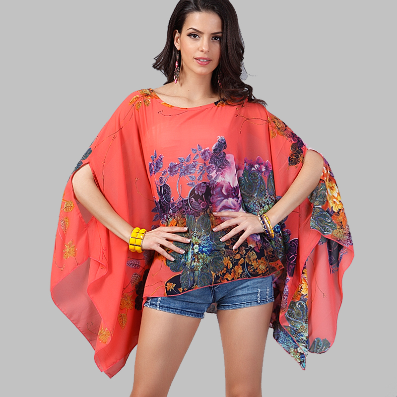 BHflutter Chiffon Блуза Кошула 4XL Плус Големина Жените 2017 Batwing Цветни Печати Лето Блузи Boho Секојдневен Блузи Blusas Femininas