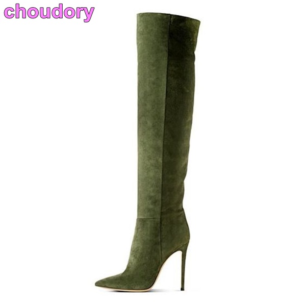 2017 нови пристигнување жените Шик војска зелена бедрото високи чизми велур кожа stiletto пета посочи пети чевли едноставен,