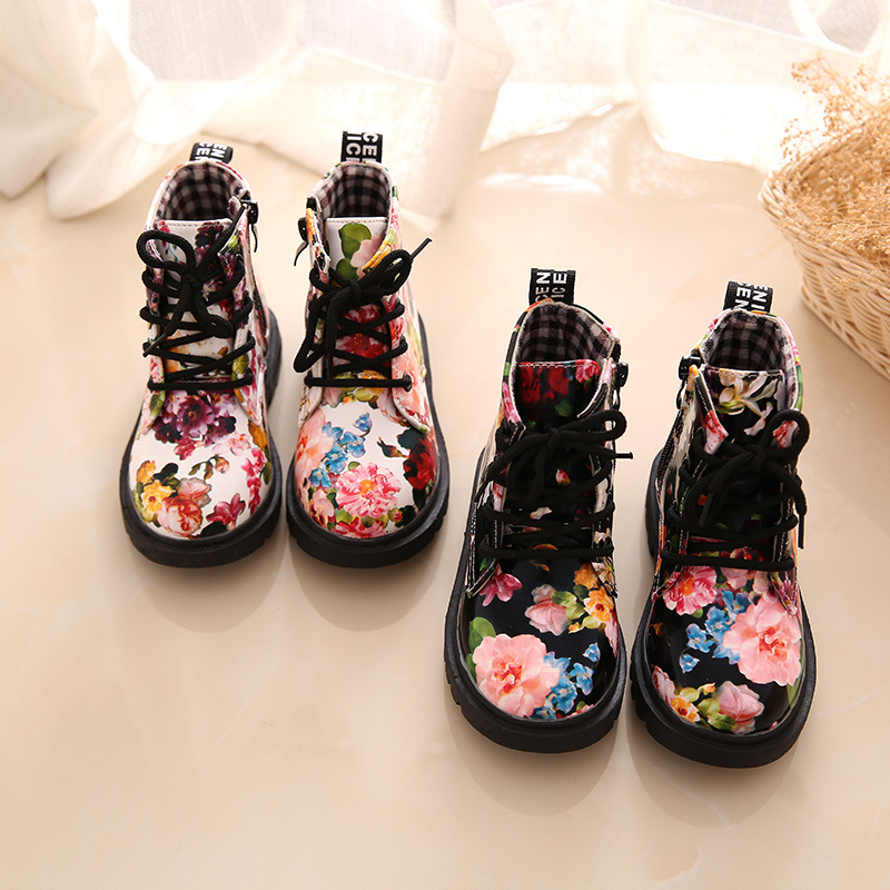 Зимски Деца Мартин Чизми Кадифен СТП Кожа Печатење на Цвеќиња Не се лизга Деца чевли Девојки Чизми за Снег