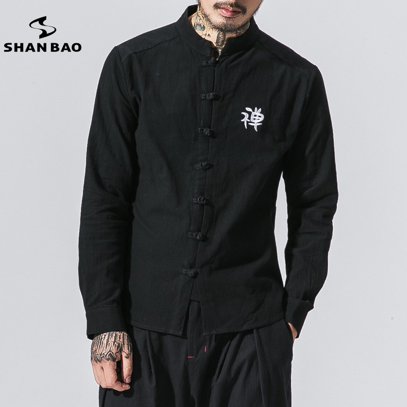 SHAN BAO бренд за облека, везови бело црни Кинески стил за мажи памук маица 2018 пролет високо-квалитетни јака кошула