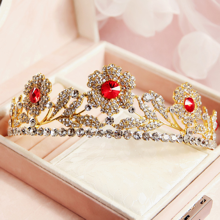 Мода ѕвезда на golden rose црвениот кристал круна круна headdress невеста, свадба се облекуваат свадба накит додатоци