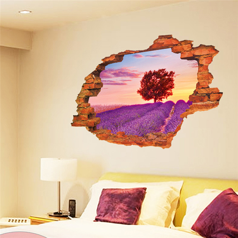 убава Лаванда Дрво Небото 3D прозорец приказ на ѕид налепница креативни дупка пејзаж сценографијата уметност дома декор