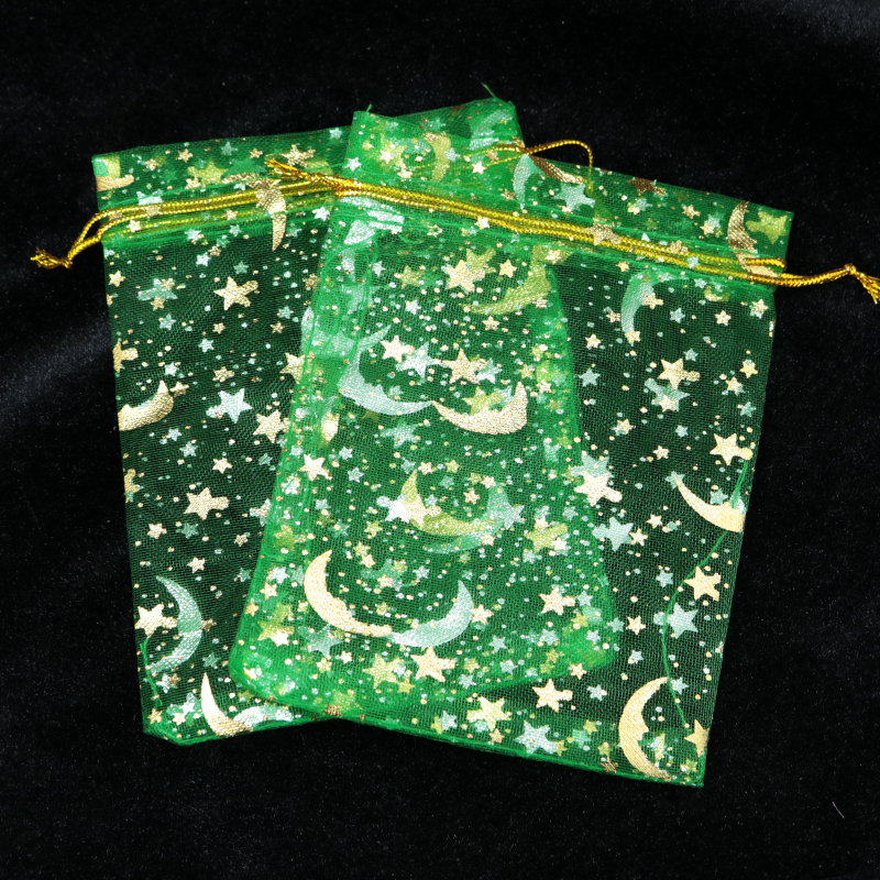 100pcs 9x12cm Drawable Organza Кеси Ѕвезда Месечината Трева Зелена боја Свадба на Божиќ Подарок Торба Накит Пакување