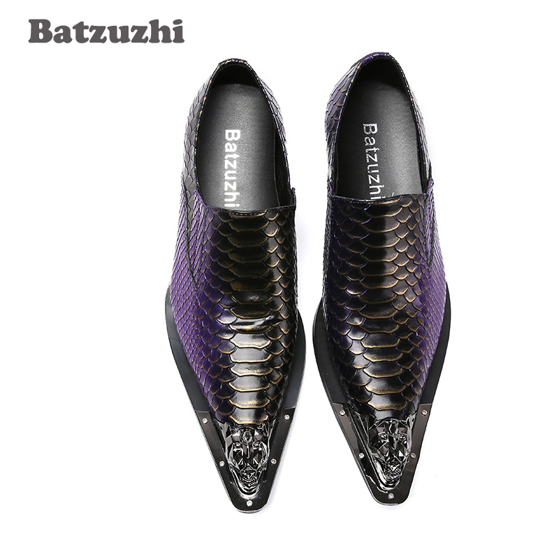 Batzuzhi Мода Mens Чевли Италија Стил Посочи Железо Пети Дизајнер е Вистинска Кожа Фустан Чевли Пурпурна Бизнис-Партија-Фаза