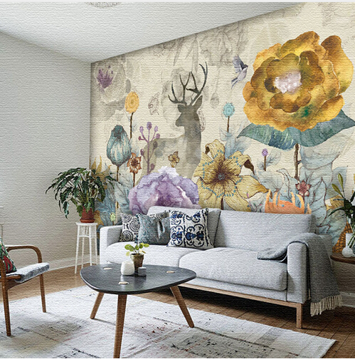 Обичај гроздобер цвеќиња и елен елен дизајн ѕид mural на ѕидот за средба соба, дневна соба со софа во позадина ѕид хартија