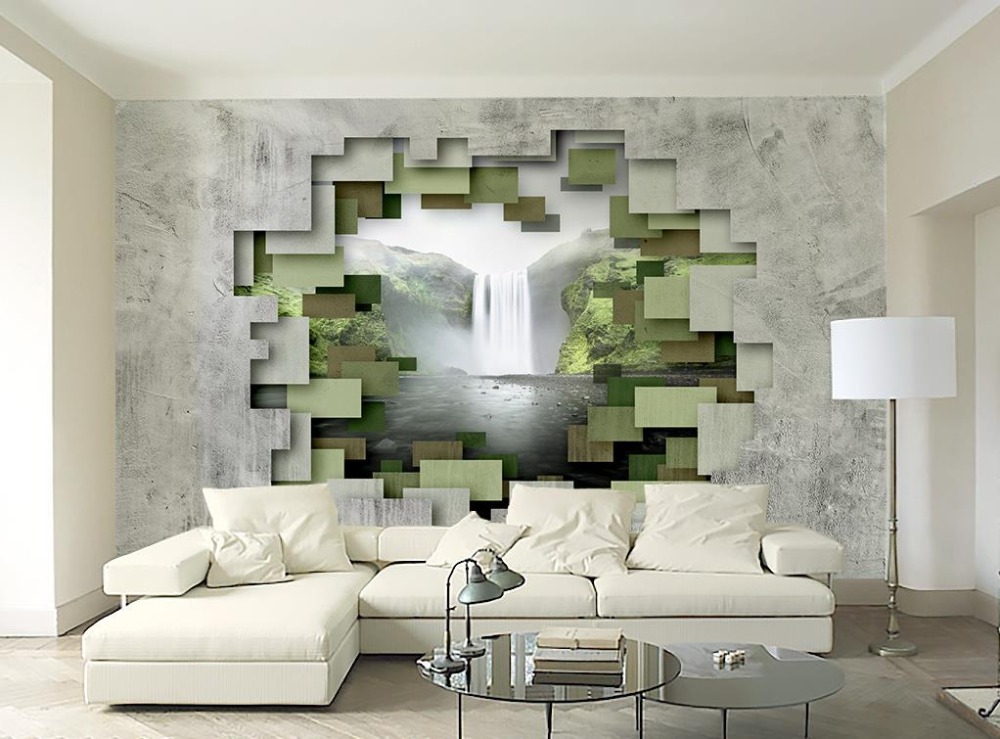 Стереоскопски 3D Неткаени модели Цемент ѕид водопад спалната соба дневна соба позадина