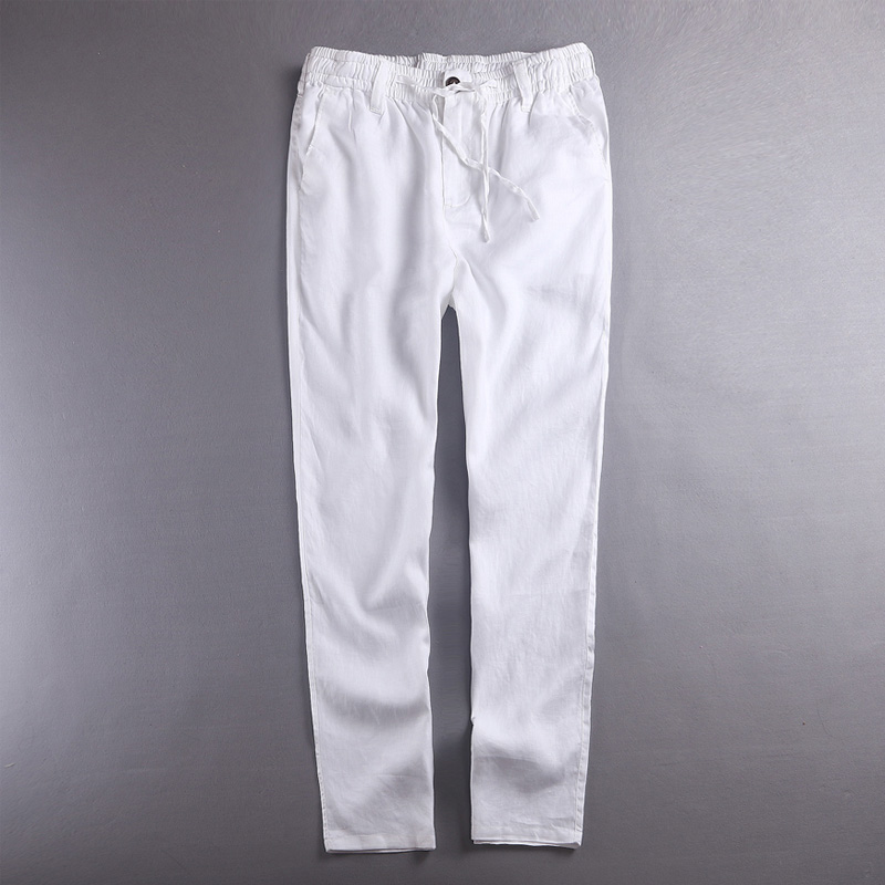 Лен панталони мажите лето чист лен mens панталони цврсти бели панталоните мажите мода пролет падне тренерки машки