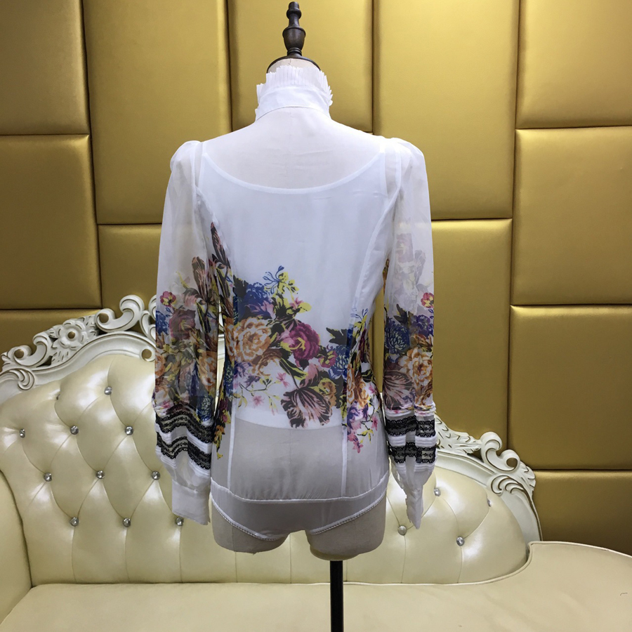 Домот Нови Блузи 2017 Мода Пролет & Лето Фенер Ракав Цвет Печати Комбинација Износени Бело / Црна Блуза Bodysuit