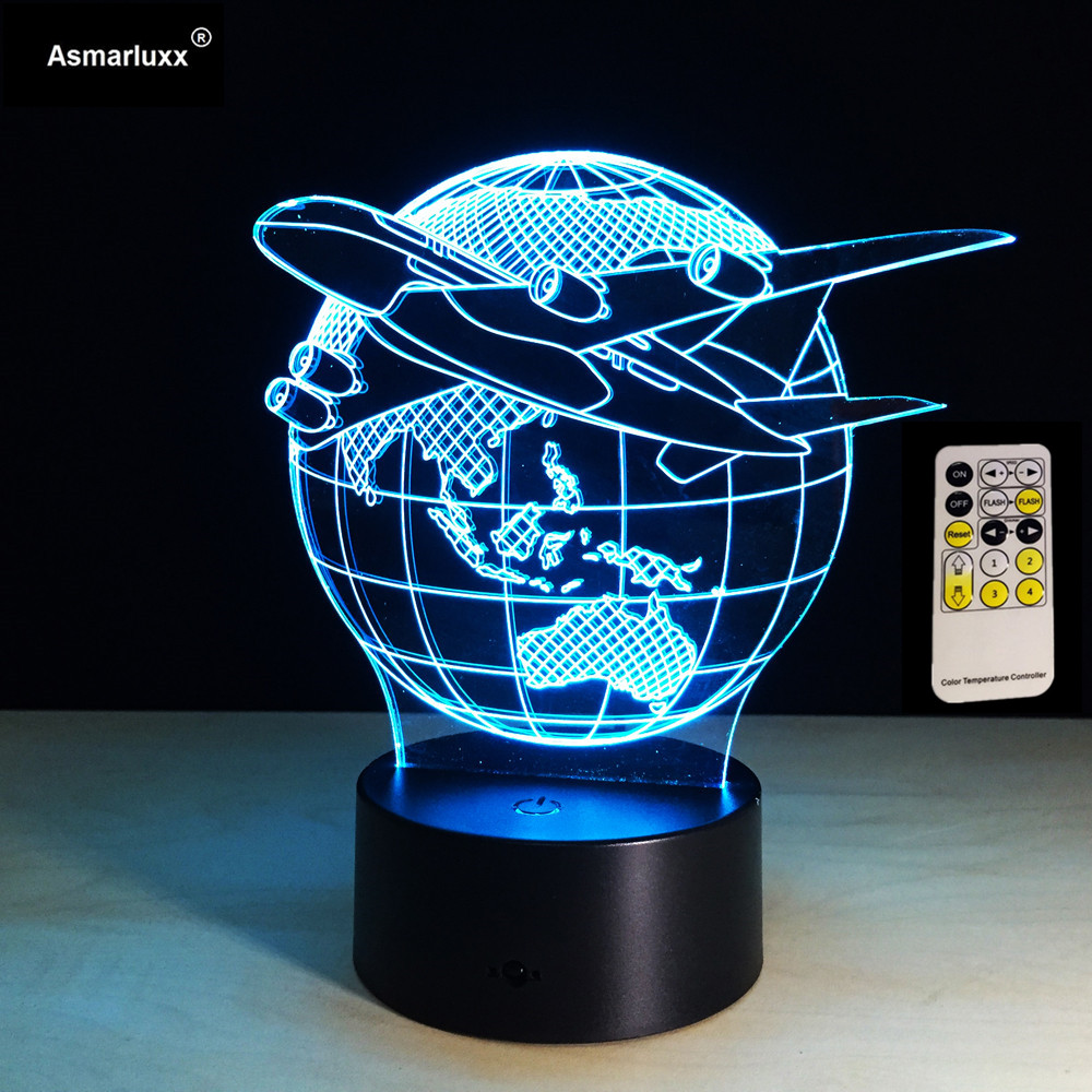 Мини Авион Летаат Земјата 3D Светилка 7 Промена на Бојата Далечинскиот управувач или на Допир се Префрлите 3d Ноќта Светлина