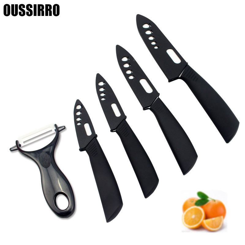 OUSSIRRO црното блејд црна справи 3 4 5 6 инчен + нож за лупење + опфаќа керамички нож сет кујнски нож сет