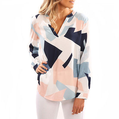 Моден Жените Лабава Долг Ракав печати Блуза Блузи Лето дама Секојдневен V деколте, Памучни Блузи Кошула плус големина