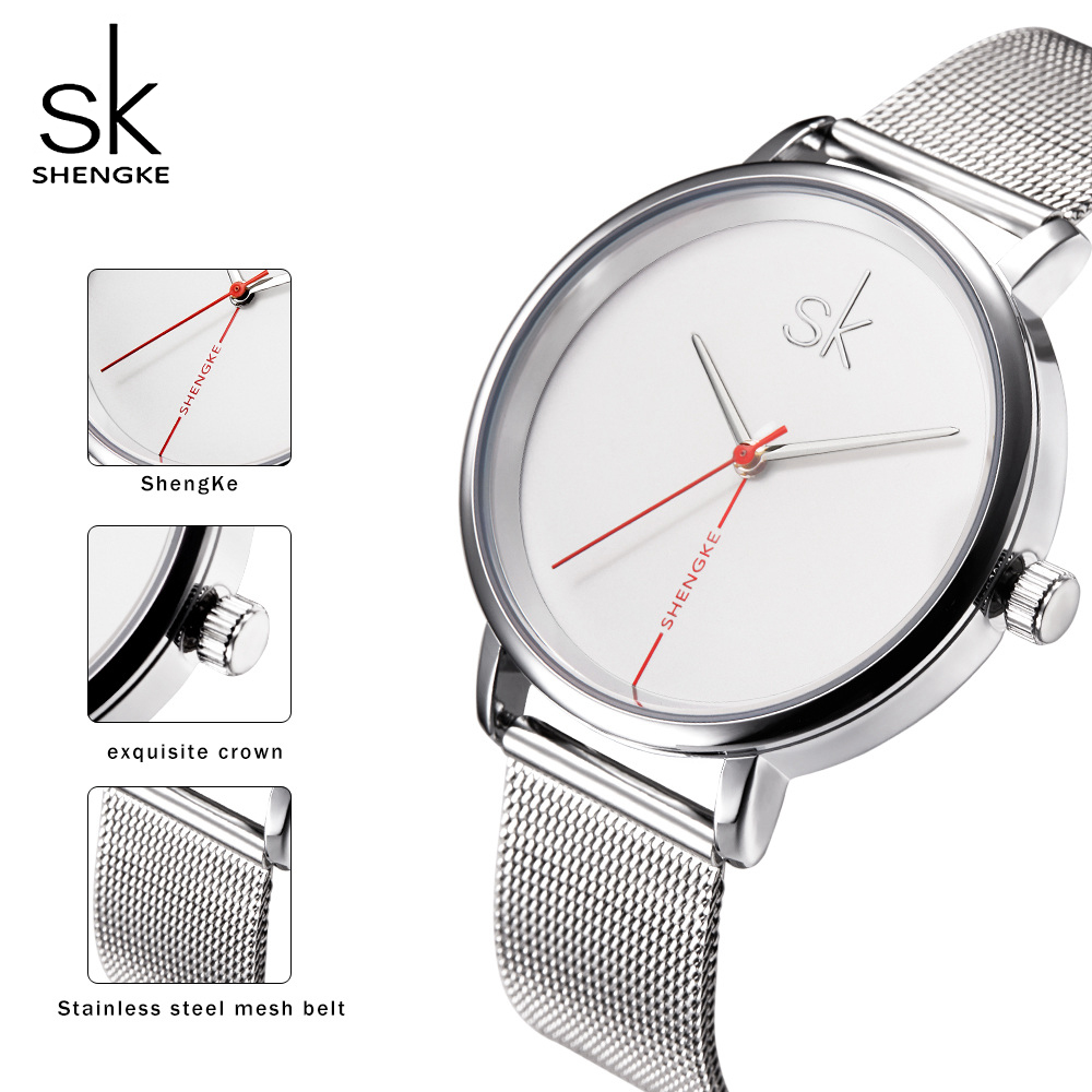Shengke Луксузни Врвот Бренд Жените Види Бизнис Часовници Дама Часовник рачен часовник Сребрена Мрежа Појас Мода Жените
