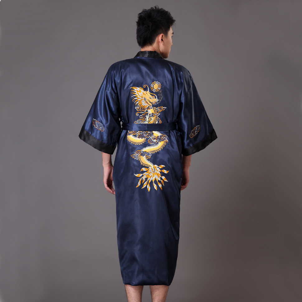 Црна Морнарица Сина Реверзибилна Мажите Кимоно Gown Кинески Машки Две страни Сатен Облека Везови Змеј Sleepwear Плус