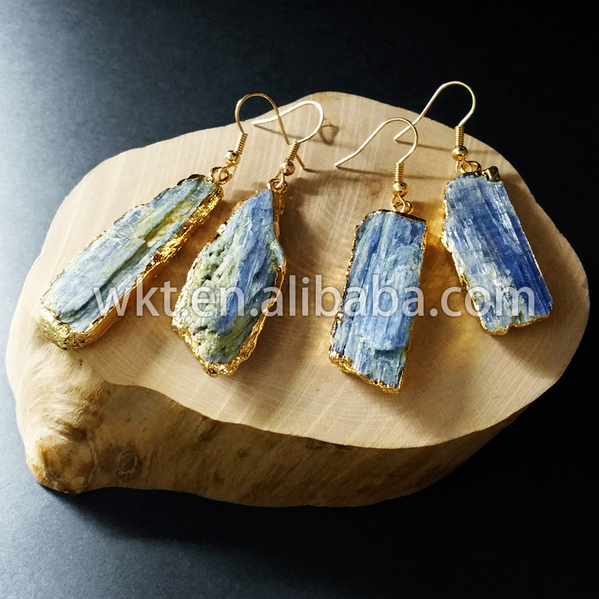 WKT Домот мода суровини камен сина Kyanite обетки со 24k злато electroplated dangle обетки во слободен шопинг
