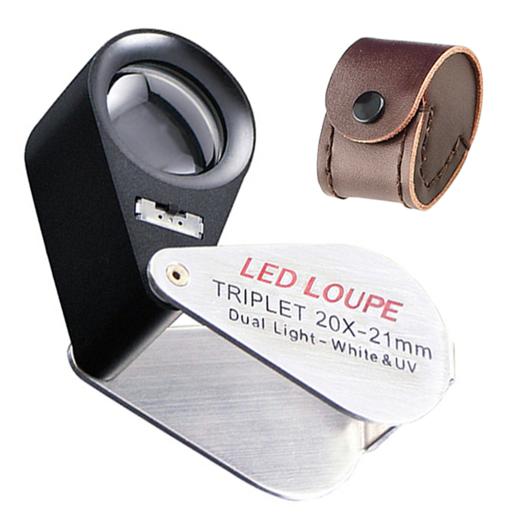 Мини Зголемување 20X Свитлива Jeweler Loupe Зголемувачот 21mm Тројка Оптичко Стакло Леќа + 6 LED & 1 УВ светлина