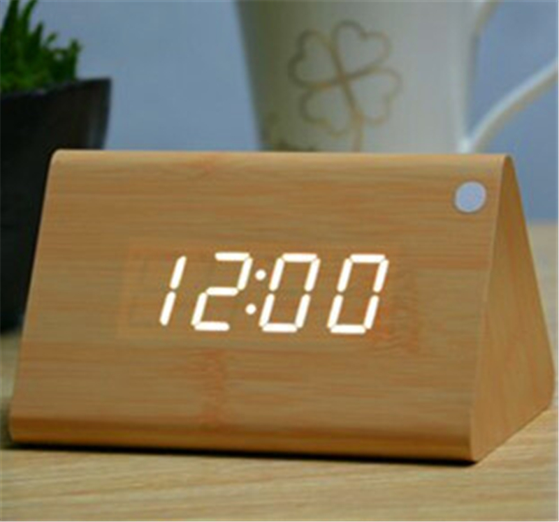 Дрво, Дрвени Дигитален Часовник за Аларм, табела LED Часовници со Термометар датум, ноќни биро десктоп електронски часовник спална соба