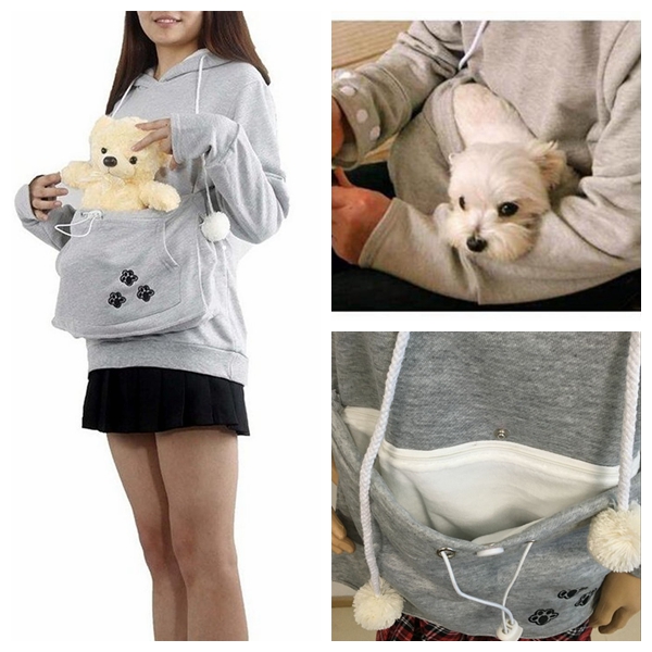 Јапонски Моден Стил Качулка Голема Mewgaroo Кенгур Торбичка за Мали Мачка Куче Миленичиња Сива Pullovers за Љубителите