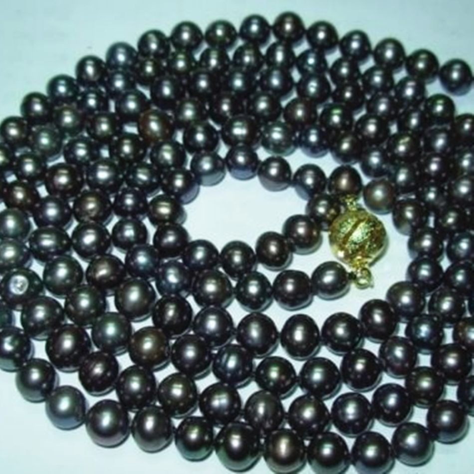 Нова мода привлечност 7-8мм црна природните слатководни образован бисер круг бисери ѓердан долг синџир на jewelryt за жените 50inch BV209
