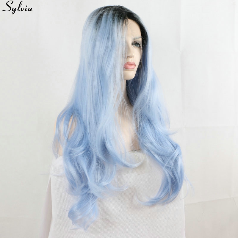 Силвија сина перика тело бран природни долга коса синтетички чипка пред перики за жените девојка отпорни на топлина темно