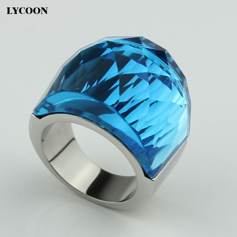 LYCOON висок квалитет 316L не ' рѓосувачки челик бенд со големи кристали прстени во транспарентна Езеро сина боја за жени