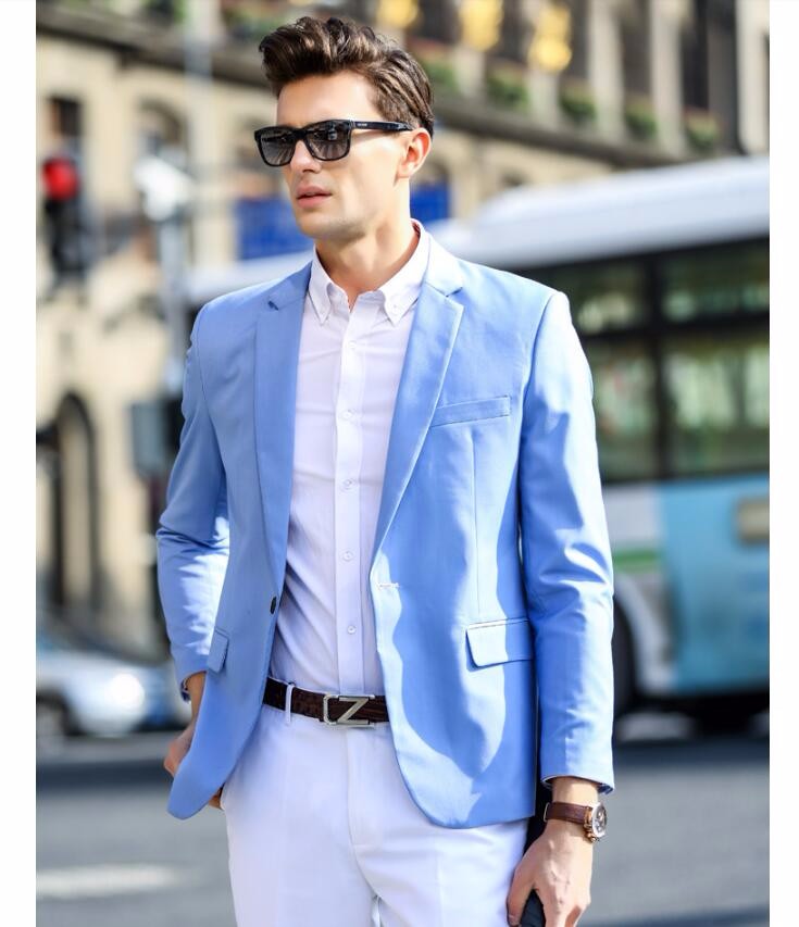 2017 Пролет Нов Стил Young Mens Светло Сина Одговара За Секојдневна Работа Носат Прилагодени Мода 2 Парчиња Мажите Палто одговараат Со Бели Панталони