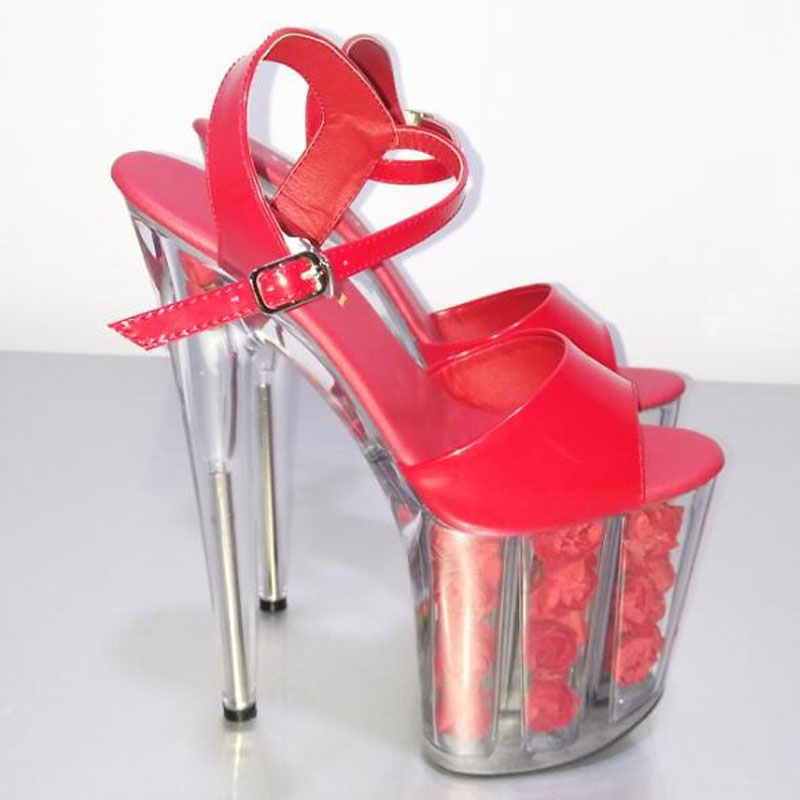 8 инчен платформа црвена роза Кристал сандали мода бели цвеќиња за свадба чевли 20cm пол танцување на високи потпетици