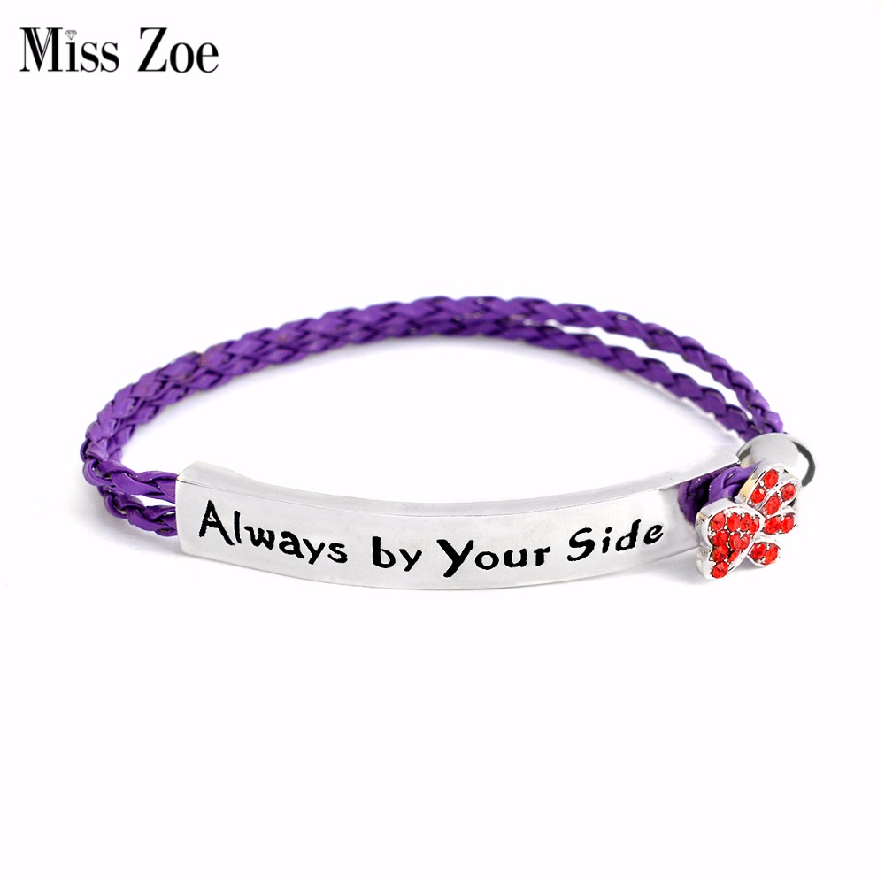 Мис Zoe Секогаш од ваша страна куче шепа хривнија Пурпурна СТП Кожа Хривнија Rhinestones Wristband Прилагодливи домашно Милениче љубовник Накит