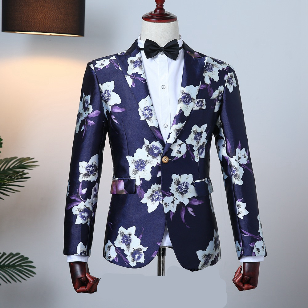 Висок степен на машка јакна палто мода цветни печатење плима мажите грб облека домаќин пејач фаза костим покаже партија