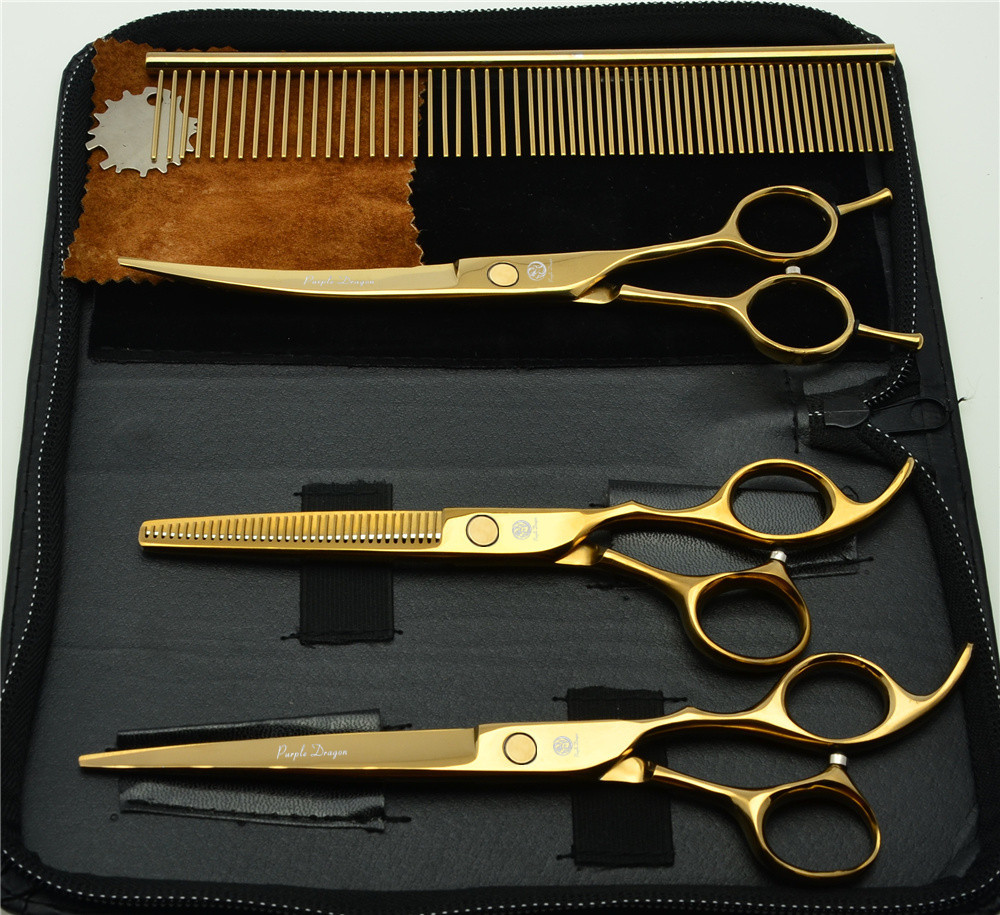 4Pcs Одговараат 7.0 19.5 cm Златна Професионални Коса Фризерски Ножици Чешел + Сечење Shears + Чистење + ДО Криви Shears Z3002J